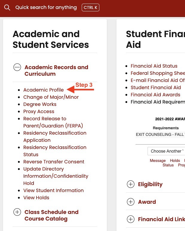 Academic Profile under Academic Records and Curriculum in myBama Academic and Student Services
