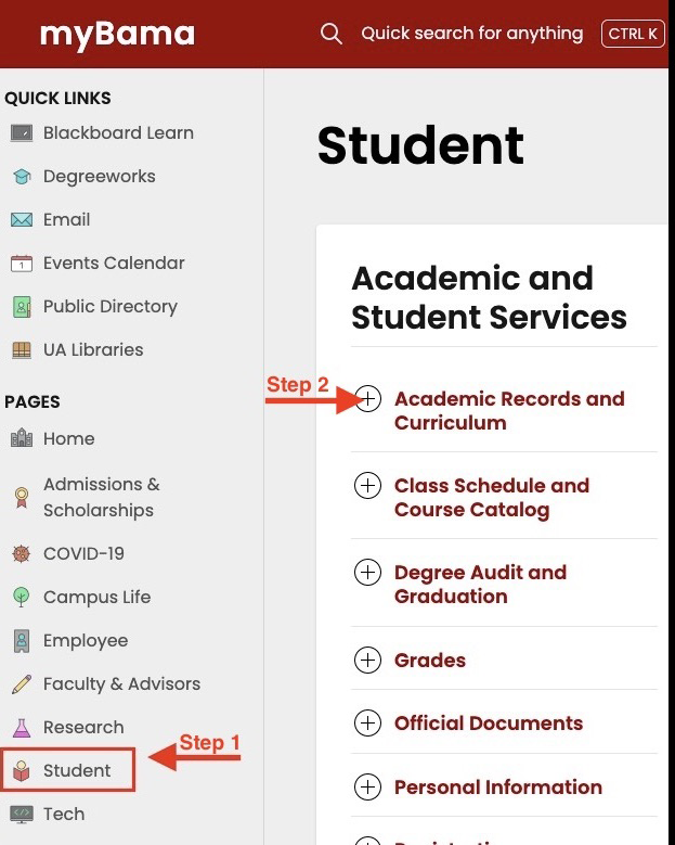 myBama Student tab, with Academic and Student Services section